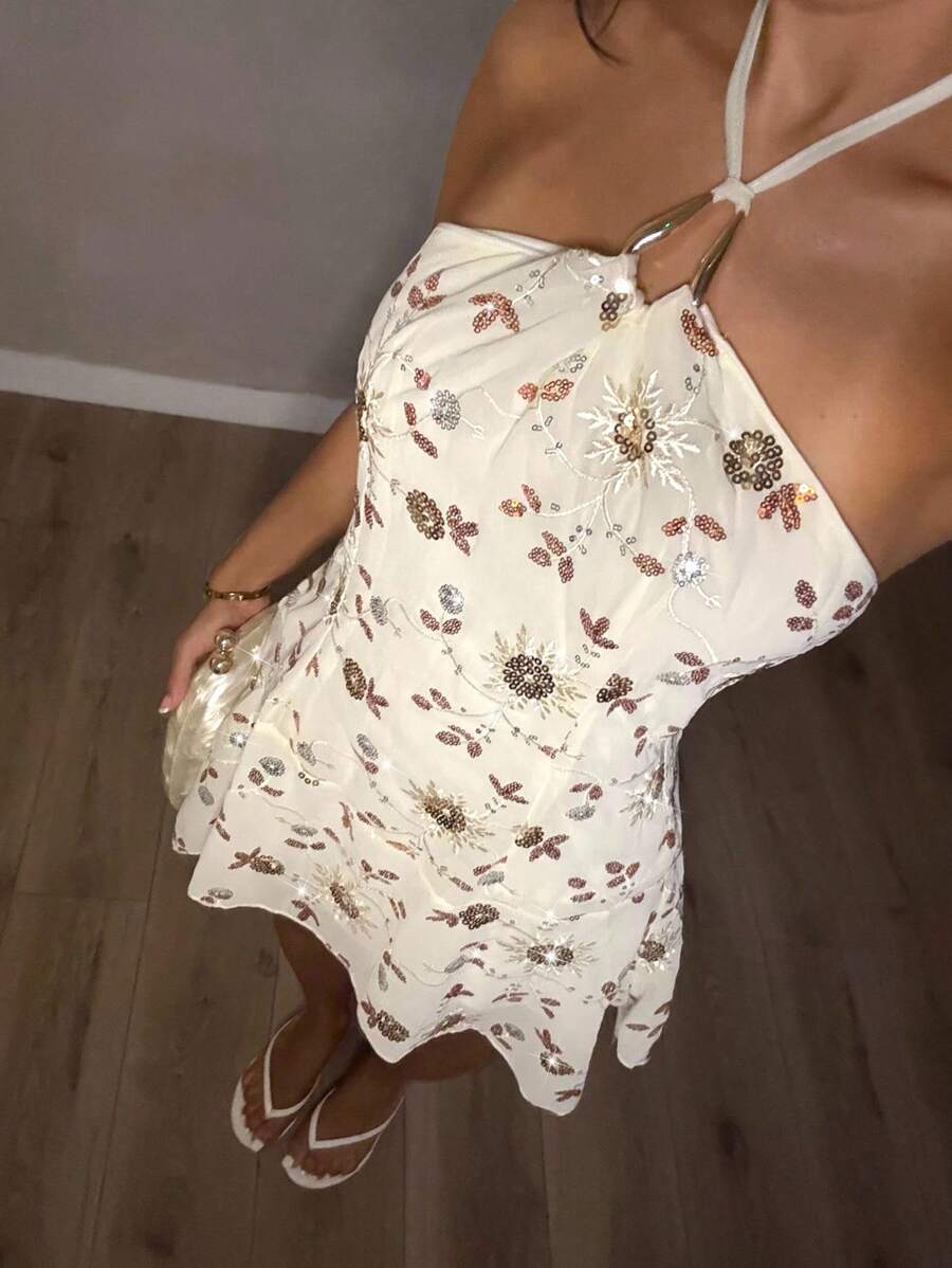 Glamine 女士橙色串珠性感无袖不对称下摆迷你露背度假派对连衣裙