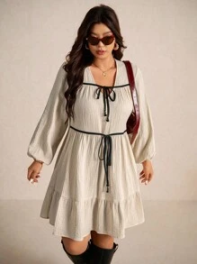 Elaquor Plus Size Casual 3/4 Lantern Sleeve Tie-Up Textured Chiffon A-Line Dress - Apricot - View 4