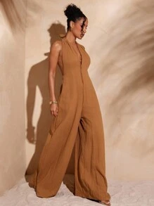 Hauture 女式露背中缝细节超大露背纯棉度假连体裤 - 卡其色 - 查看 5