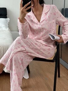 SHEIN Damen Vintage Blümchen Kragen Langarm Pyjama Set, rosa gestreift, romantischer Landhausstil, Herbst - Pink - Übersicht 5