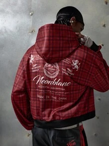 NEON BLANC Men's Fashionable Collegiate Style Red Plaid Knit Hoodie, Vintage Y2K Baggy Streetwear, For Fall, Winter, Holiday - Red - View 3