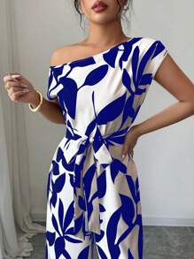 Elenzga Women's Elegant Holiday Slimming Printed Summer Romper - Blue - View 3