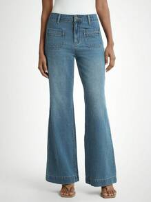 女式口袋喇叭休闲牛仔裤 - 中等水洗藍 - 查看 4