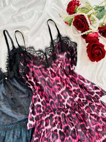 SilkySpell 2pcs Women's Lace Patchwork Sexy Leopard Print Mesh Lingerie Set - Multicolor - View 5