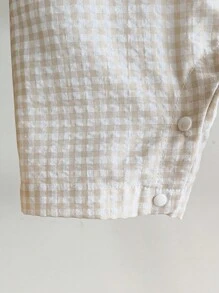 SHEIN 男婴圆领半拉链贴片可爱熊口袋连体短裤，适合通勤、休闲、度假、运动、春夏季、男婴服装、幼儿服装、婴儿服装、幼儿连体衣 - 杏色 - 查看 7