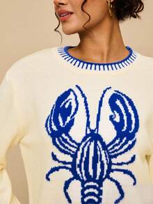 Travachic 大码女式条纹撞色饰边和色块休闲度假毛衣，饰有龙虾图案，秋冬龙虾毛衣女式毛衣龙虾服装女式套头衫新奇毛衣女式毛衣套头衫沙滩毛衣秋季女式外出上衣大码女式毛衣白色毛衣 - 藍白色 - 查看 5