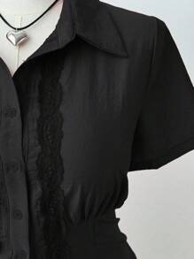 Flirla Lace Trim Form-Fitting Casual Short Sleeve Blouse - Black - View 4