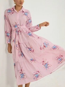 Aveloria Rosie 花卉条纹印花长袖衬衫裙，适合休闲穿着，女士秋季度假服装 - 粉色 - 查看 5