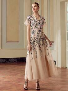 ZEYLAH Women's Elegant Floral Embroidered Dress - Apricot - View 5