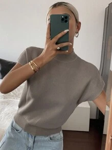 Livesso Women's Solid Color Sleeveless Turtleneck Knit Top - Khaki - View 5