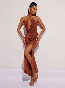 COSMINA Sultry Sleeveless Long Dress In Knitted Fabric With Split Thigh And Halter Neckline