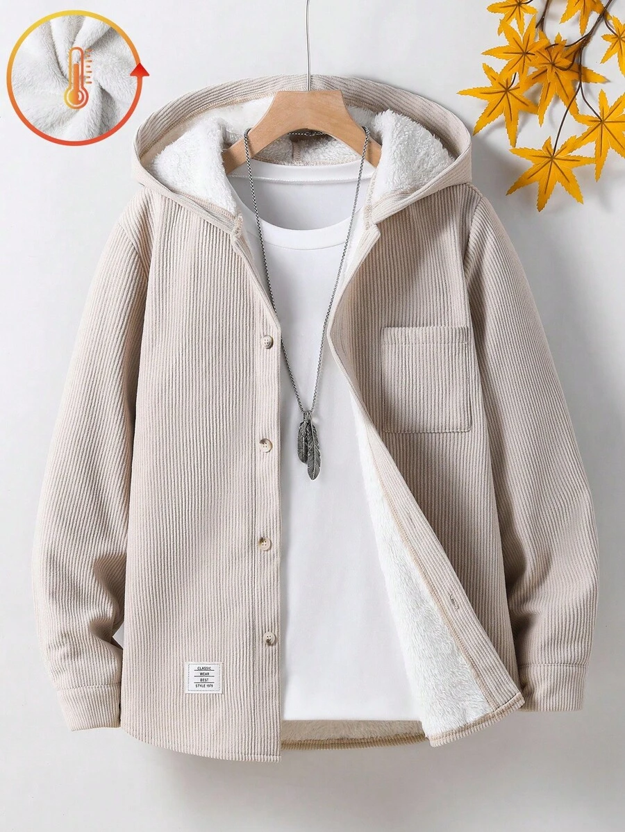 SHEIN Jaket Fleece Berkerudung Corduroy Kasual Dasar untuk Anak Laki-Laki Remaja, Modis untuk Musim Gugur/Musim Dingin - Khaki - View 1