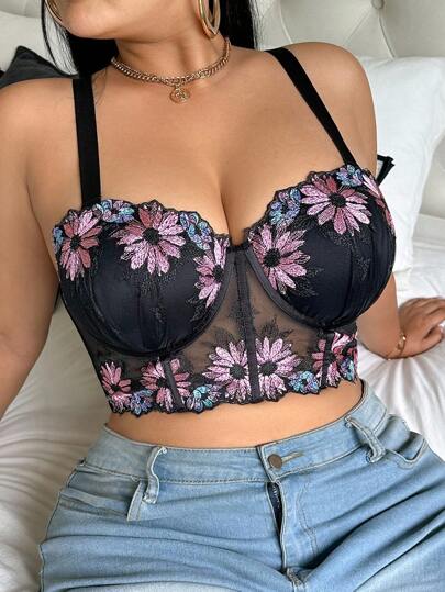 SHEIN 1 件女士加大码花卉刺绣吊带背心，适合夏季