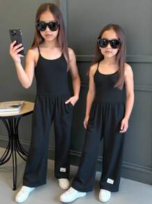 Combinaison-pantalon sans manches, style urbain chic, ajustée, côtelée, avec texte graphique, patch, taille décorée, jambe large, noire - Noir - Voir 2