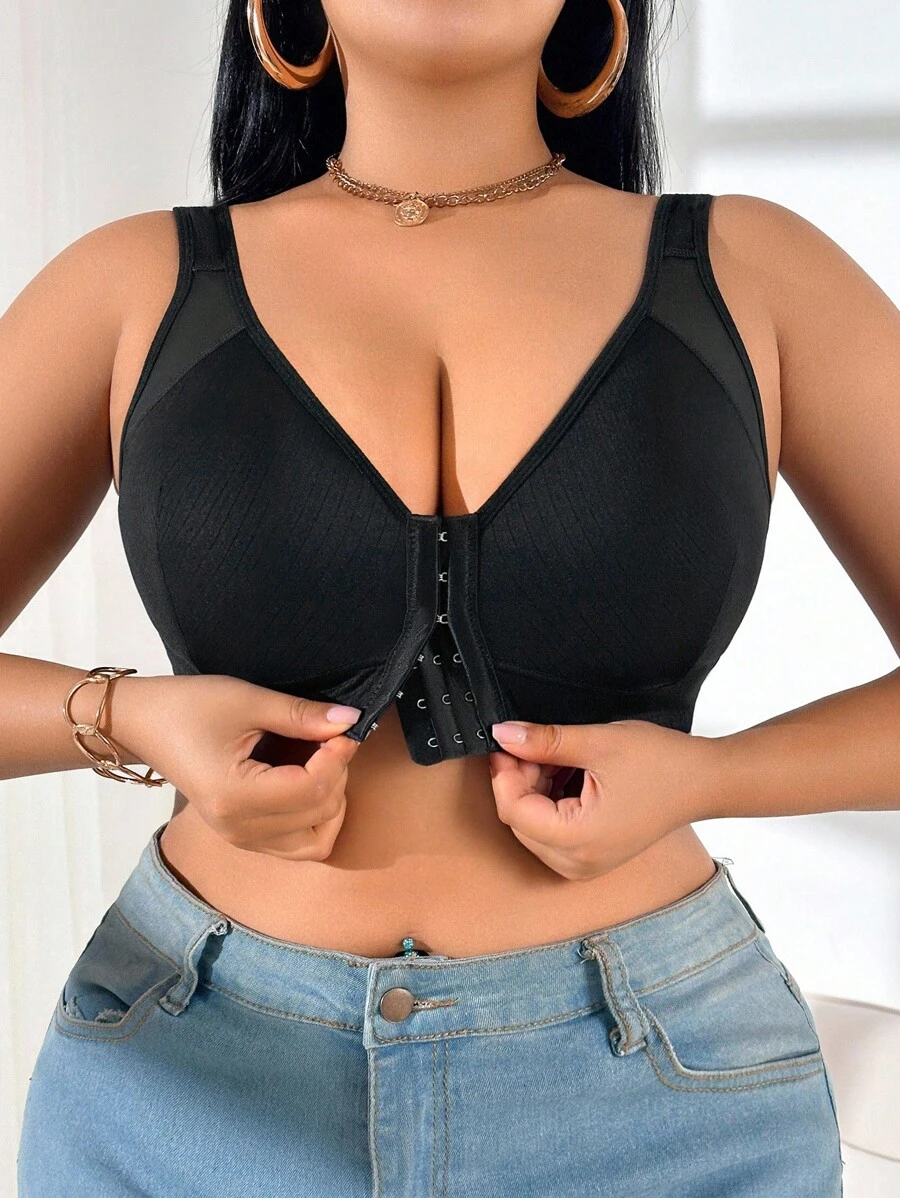 SHEIN 1 件装前扣式加大码无钢圈文胸 - 黑色 - 查看 1