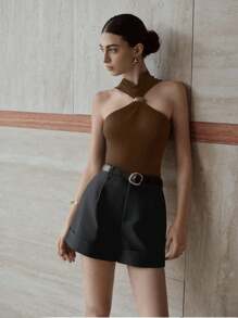 MOTF PREMIUM FOLD PLEATED BUCKLE BELTED SHORTS - Black - View 6