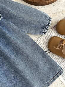 SHEIN Robe en jean ample à manches lanternes lavées avec col surdimensionné, style mode été pour bébé fille. Convient pour les sorties, les courses, les fêtes, les activités décontractées à la maison et en extérieur