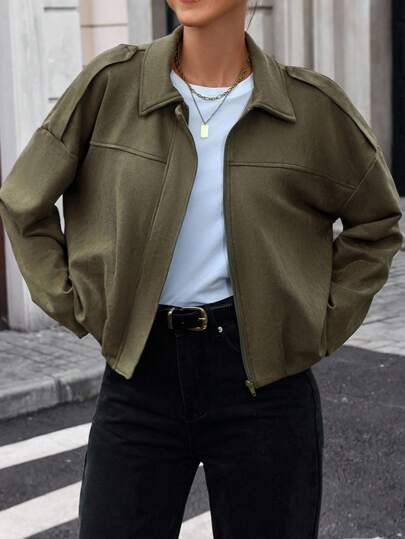 INAWLY Women's Casual Solid Color Zip-Up Long Sleeve Jacket