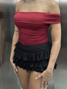 Lucia Bellido 女士夏季纯色勃艮第红色褶皱修身露肩 T 恤上衣 Y2K 服装 - 酒紅色 - 查看 3