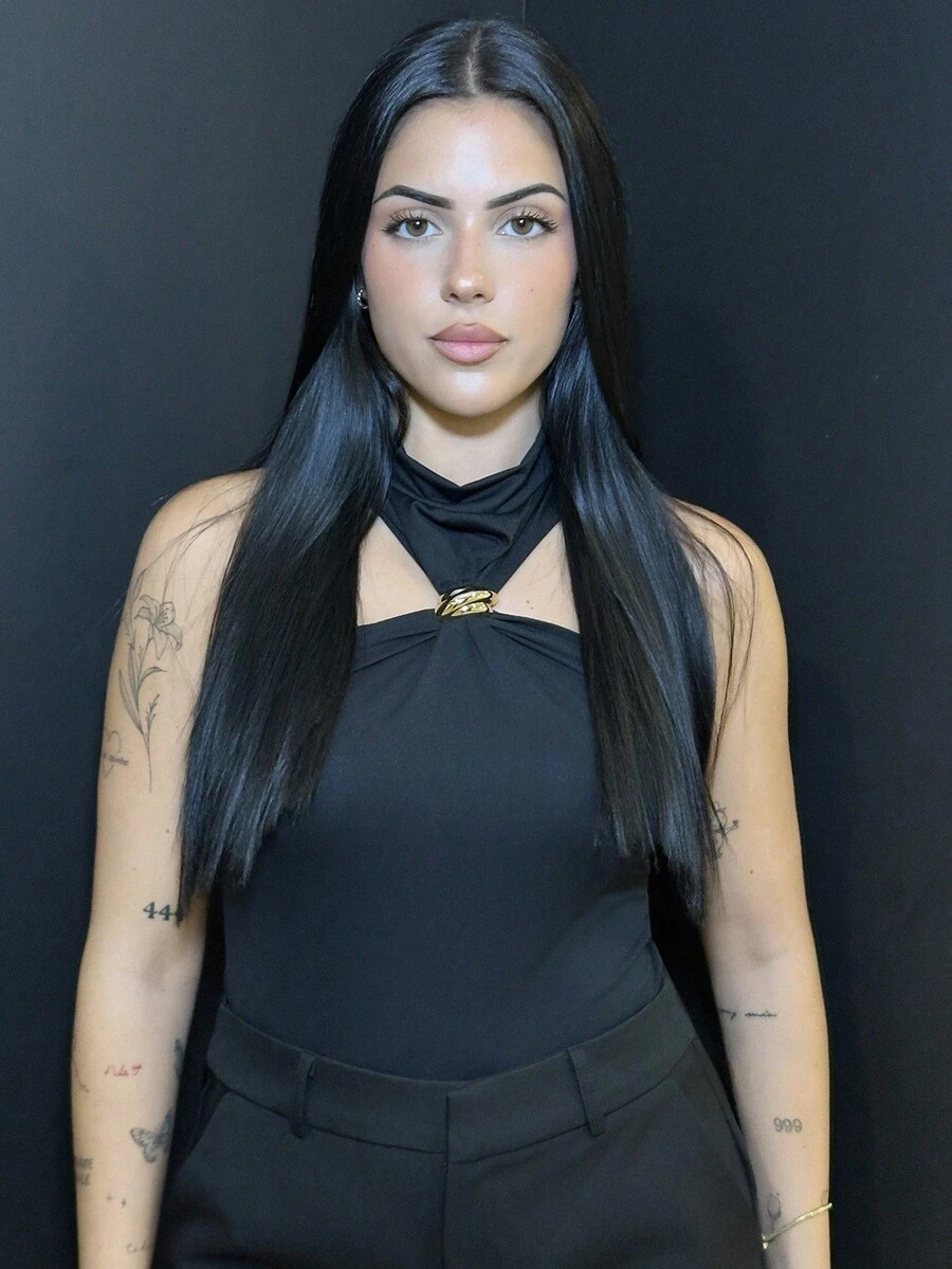 Lucia Bellido Blusa sin mangas con cuello de pie, diseño con decoración metálica, blusa casual y de oficina para el verano - Negro - Ver 1