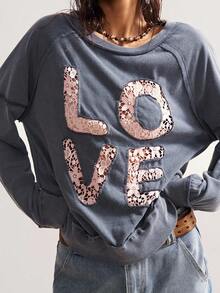 Bohemela 女士休闲纯色针织圆领短袖宽松运动衫爱心运动衫个性运动衫秋冬 - 灰色 - 查看 5