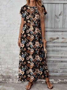 EMERY ROSE Elegant Plus Size Long Tunic Dress With Random Print And Round Neckline Long Floral Dress Maxi Dress With Short Sleeves,Holiday Outfits For Women - Multicolor - View 2