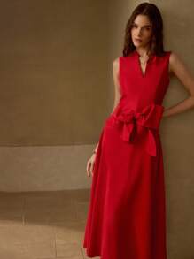 MOTF PREMIUM BOW DECOR STRUCTURED SLEEVELESS DRESS - Red - View 6
