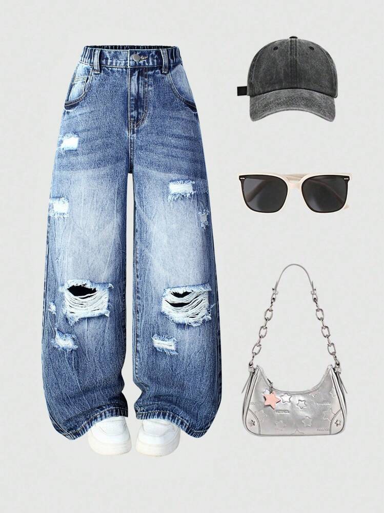 女の子用カジュアル 多用途 ダメージ加工 刺繍入り