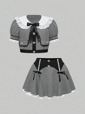 J-Fashion Conjunto de minifalda con detalles de corazón y lazo, estilo universitario, con estampado de pata de gallo y bloques de color, tallas grandes para mujer