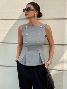 Siren Gaze 女士时尚通勤无袖衬衫，带装饰纽扣，夏季