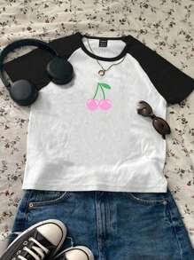 Comfortcana 休闲粉色樱桃图案撞色圆领修身短款插肩袖短袖T恤，适合夏季 - 黑與白 - 查看 5