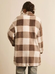 Freevana Double-Sided Fuzzy Plaid Printed Front Button Long Sleeve Plus Size Jacket Winter Clothes Fall Autumn - Khaki - View 2
