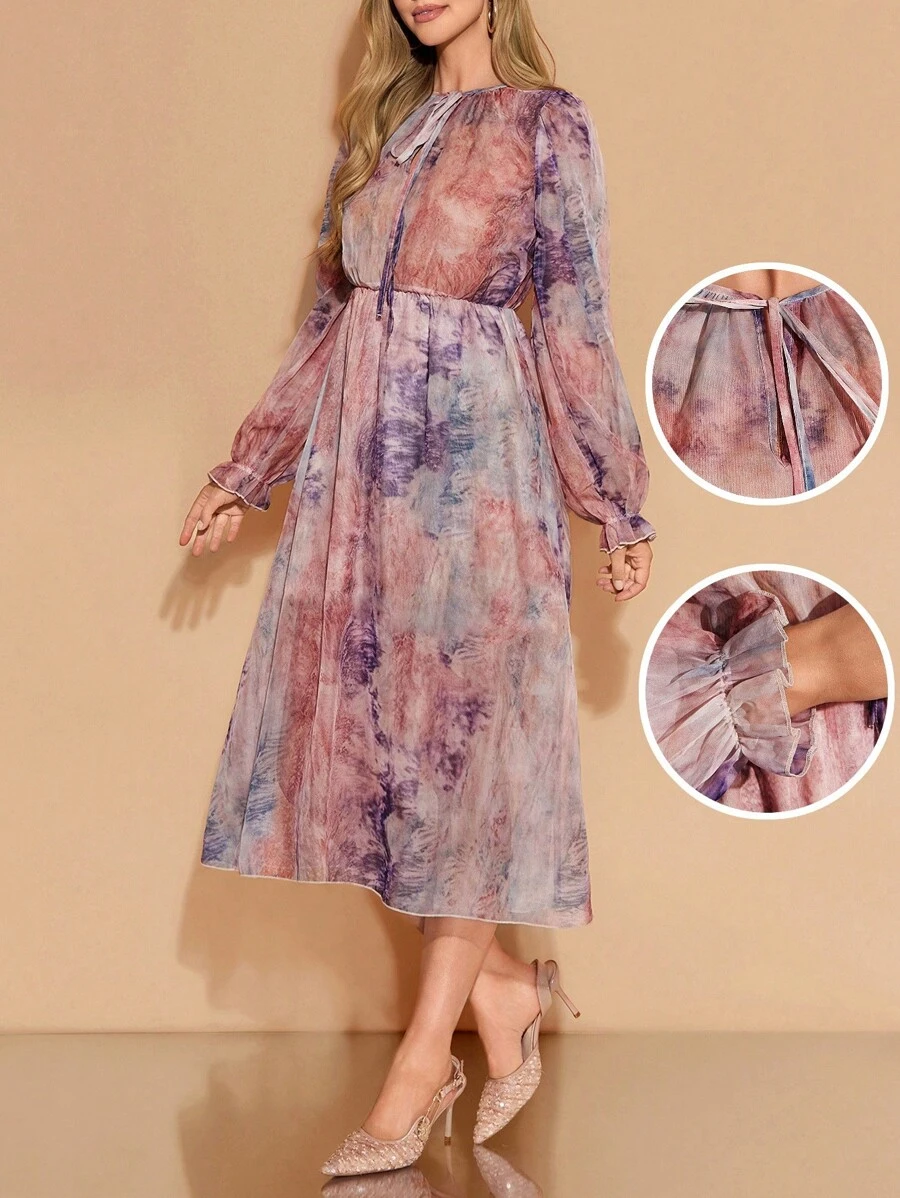 Amorya 女士优雅圆领长袖花卉印花雪纺腰修身中长连衣裙，适合日常穿着、下午茶和多种场合 - 彩色 - 查看 1