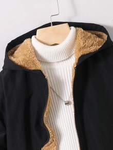 1 st. Unga pojkar, avslappnad collegestil, enfärgat svart tryckmönster, moderiktig, mångsidig, dragkedja med huva, vadderad ytterkappa, lämplig för höst/vinter - Svart - Visa 5