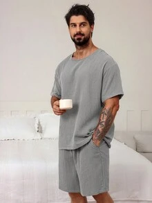 DAZY 男士纯色深灰色睡衣套装，夏季 - 淺灰色 - 查看 5