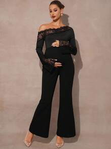 MaterniChic Pantaloni eleganti a zampa con design a bottoni regolabili in vita, colore tinta unita, per gravidanza - nero - Visualizzare 3