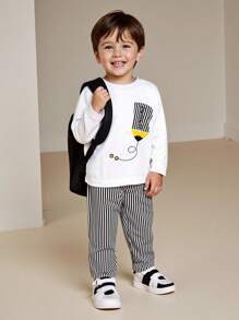 SHEIN 2 Stücke Baby Jungen Akademie Besticktes Bleistift Muster Weiß Gestricktes Langarm T-Shirt und gestreifter Lässig Webware Hosen Set, vielseitig für Schule, Alltag, Ausflüge, Urlaub, Reisen, Entspannung, Sonnenbaden, Herbst, Outdoor Sport und Lässig Outfit Baby Jungen Kleidung Herbst Kleidung Baby Jungen Sets Jungen Kleidung für Baby Herbst Baby Herbst Kleidung Set Premium Baby Kleidung Outfits für Baby Jungen Baby Jungen Kleidung Kinderbekleidung Jungen Kleidung Winter - Verschiedenfarbig - Übersicht 3