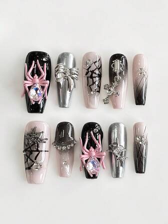 Grunge Punk 10pcs Punk Edgy Spider, Bow, Spider Web, Cross, Star Element Handpainted High-Quality False Nails + 3pcs Double-Sided Adhesive, Removable & Reusable Y2K Style Rhinestone Contrast Color Medium Coffin Fake Nails, Suitable For Holidays, Parties, Dancing And Daily Wear