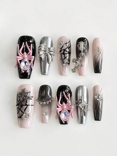 Grunge Punk 10pcs Punk Edgy Spider, Bow, Spider Web, Cross, Star Element Handpainted High-Quality False Nails + 3pcs Double-Sided Adhesive, Removable & Reusable Y2K Style Rhinestone Contrast Color Medium Coffin Fake Nails, Suitable For Holidays, Parties, Dancing And Daily Wear