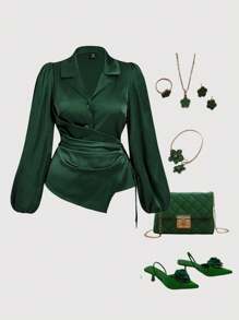 SHEIN MOD 大码女式绿灯袖休闲衬衫