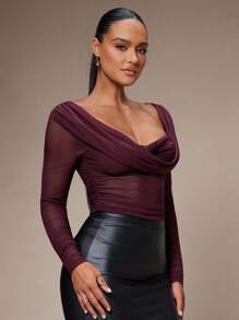 Silquee Women's Solid Color Plunging Neck Long Sleeve Fitted Fashionable Mesh Blouse See Through Top Mesh Top Top Long Sleeve Top