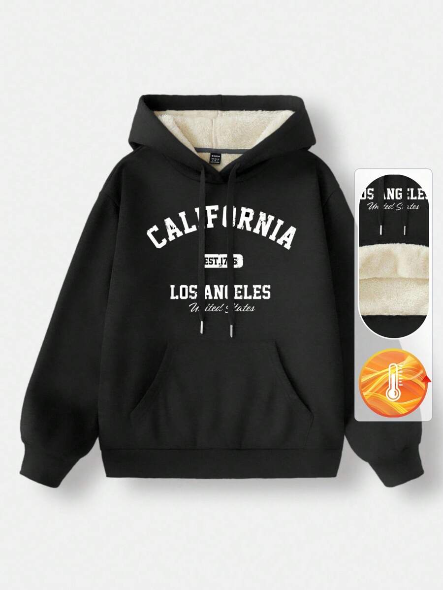 SHEIN EZwear 女士白色半拉链高领休闲宽松羊毛抽绳加厚连帽衫,适合秋冬季 - 黑色 - 查看 1