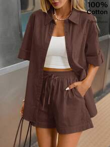 Siren Gaze 女士奶油黄短款套装 - 2025 夏季棉质休闲两件套：卷边短袖衬衫和短裤，海滩度假必备，透气机场装，商务休闲办公装 - 咖啡棕 - 查看 6