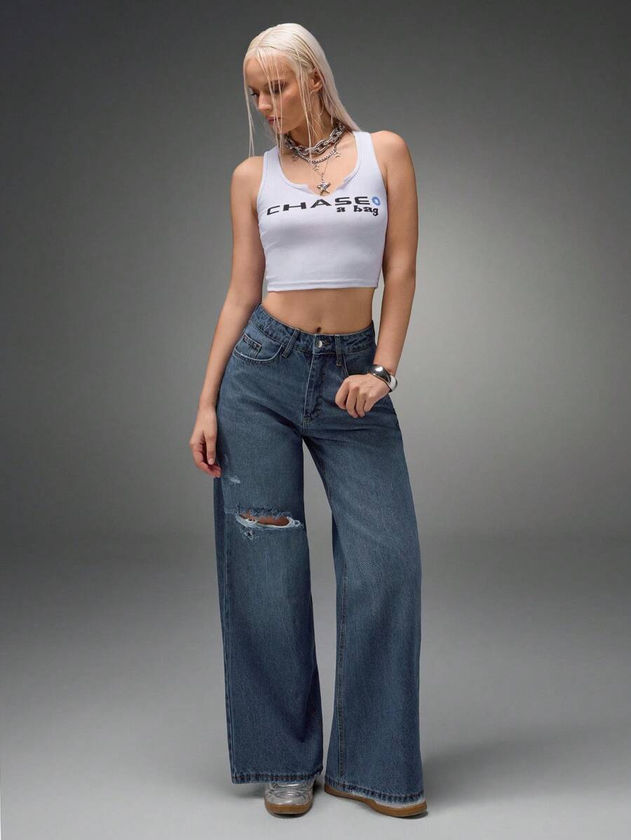 CasuGlow LOW WAIST VINTAGE CUTOUT CASUAL LOOSE JEAN - Blue - View 1