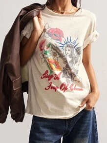 Bohemela 女士休闲纯色针织圆领短袖水洗宽松T恤 - 黑色 - 查看 7