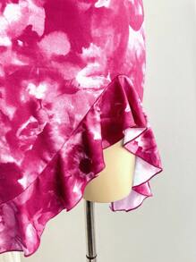 Soleia 女士节日蓝色扎染大花印花低胸交叉露背褶饰不对称下摆荷叶边下摆中长连衣裙，适合派对、约会、情人节、城市街头假日、分层扎染连衣裙粉色扎染连衣裙夏季连衣裙粉色连衣裙生日连衣裙