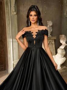 Aureia 优雅奢华黑色露肩超喇叭形仿珍珠刺绣蕾丝贴花透明网眼缎面褶皱连衣裙，适合婚礼、派对、舞会、度假、晚会