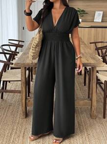 Weeklong Mono informal con cintura fruncida con cordón y mangas cortas de unicolor para mujer de talla grande