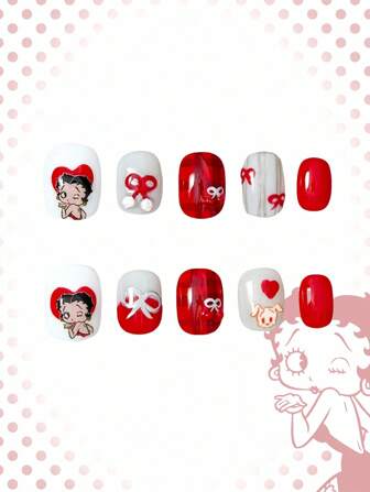 Betty Boop | ROMWE 10 piezas de uñas postizas hechas a mano con diseños románticos de corazones, personajes de dibujos animados, lazos y cachorros juguetones