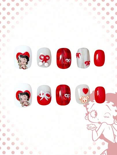 Betty Boop | ROMWE 10 piezas de uñas postizas rojas hechas a mano con diseños románticos de personajes de dibujos animados, moños, cachorros juguetones y corazones